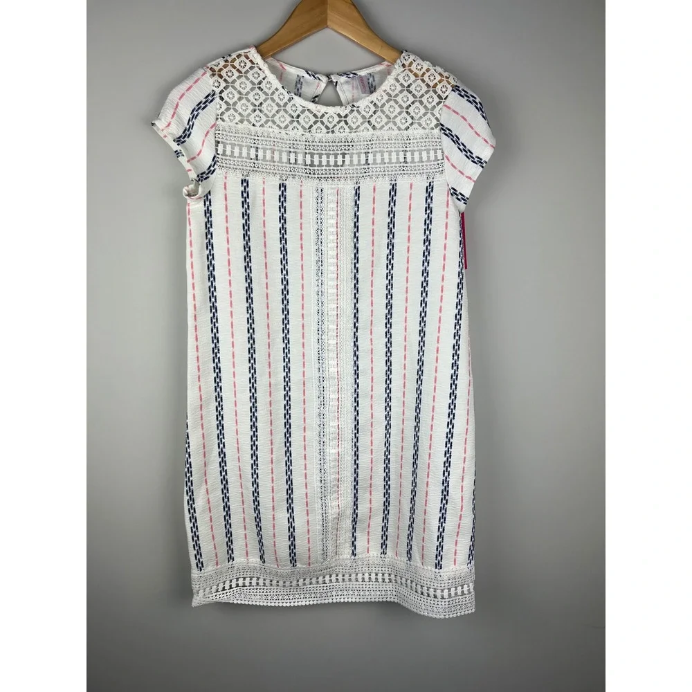 Xhilaration Girls XS White Navy Pink Striped Crochet Lace Shift Dress NWT - Picture 1 of 9